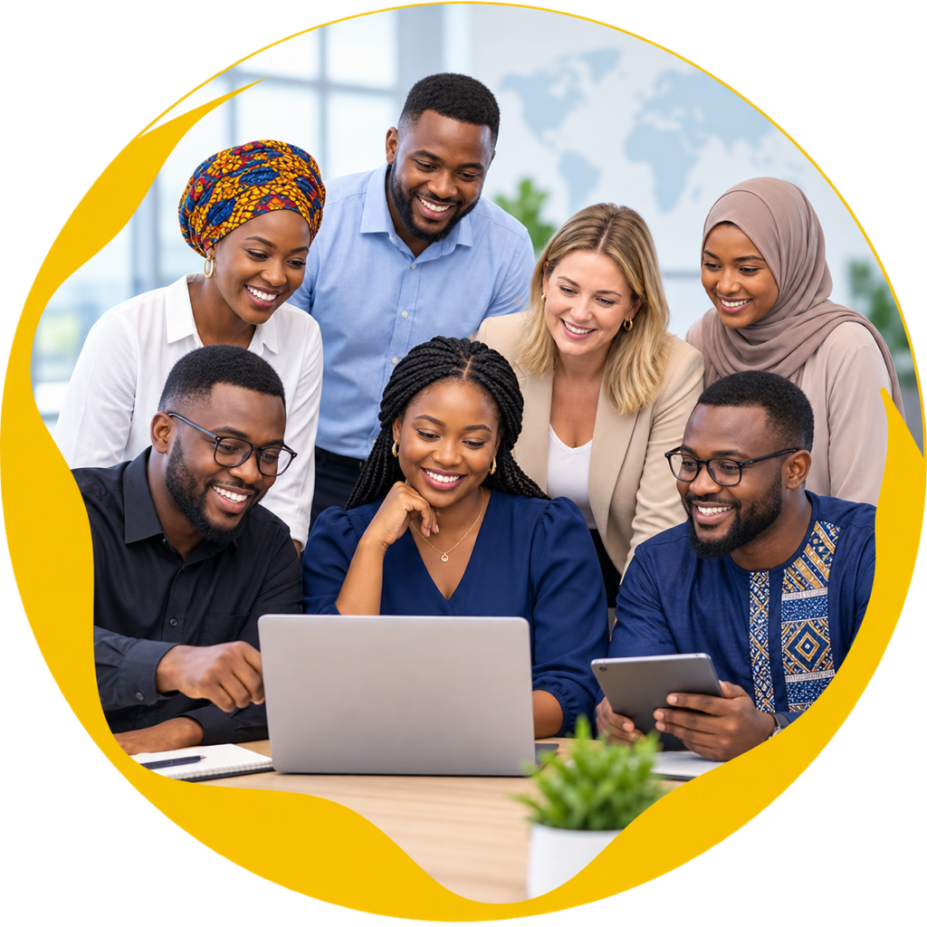 Diverse learners collaborate around a laptop in an inclusive digital futures graphic