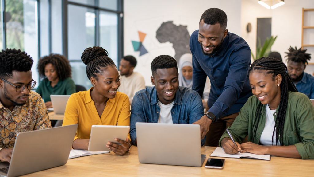A mentor supports young adults collaborating on laptops